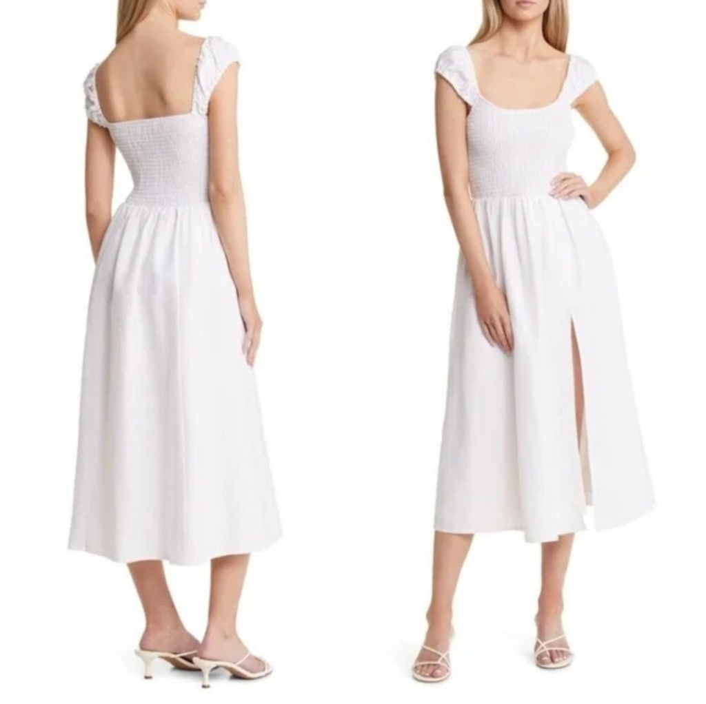 Nwot Reformation Tavi White Smocked Linen Midi Dress